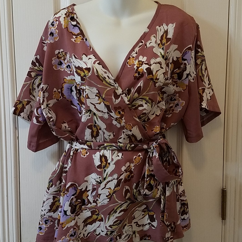 Shein Floral Belted Pink Blouse